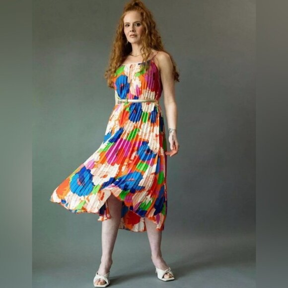 NWT Sam Edelman Women’s Midi Dress Retro Floral Plisse Bright Colorful LARGE - Picture 1 of 12